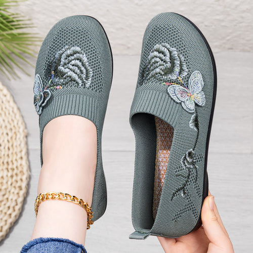 Damen nan bestickter Strick-Slipper mit sockenähnlichem Einstieg, floralem Stickmotiv und gedämpfter Leichtsohle Echo Archiv