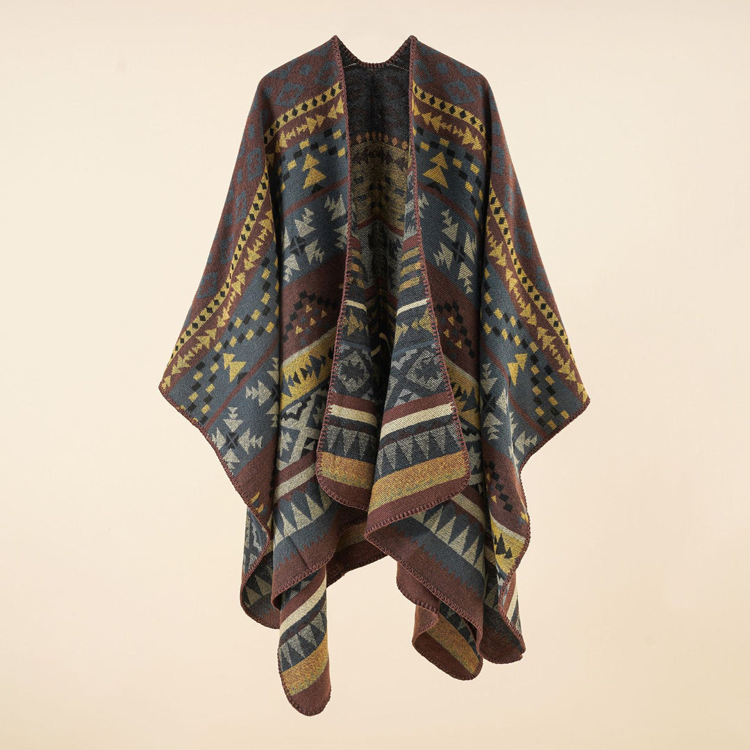 Damen Grobgewebter Ethno-Poncho mit Fransen – Avérine