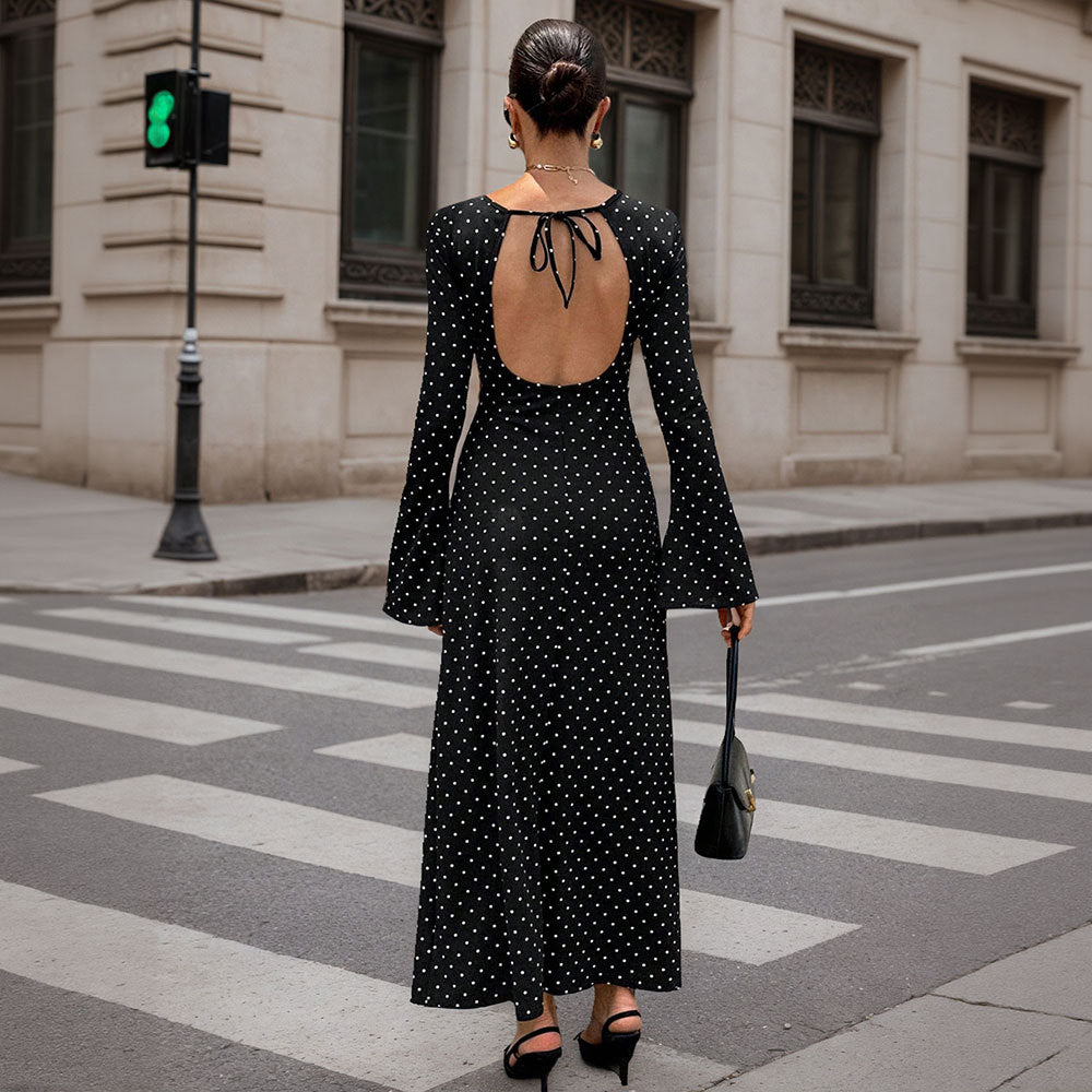 Damen elegantes Polka‑Dot Maxikleid mit tailliertem Oberteil, Trompetenärmeln und fließendem A‑Linien‑Rock – Valéora