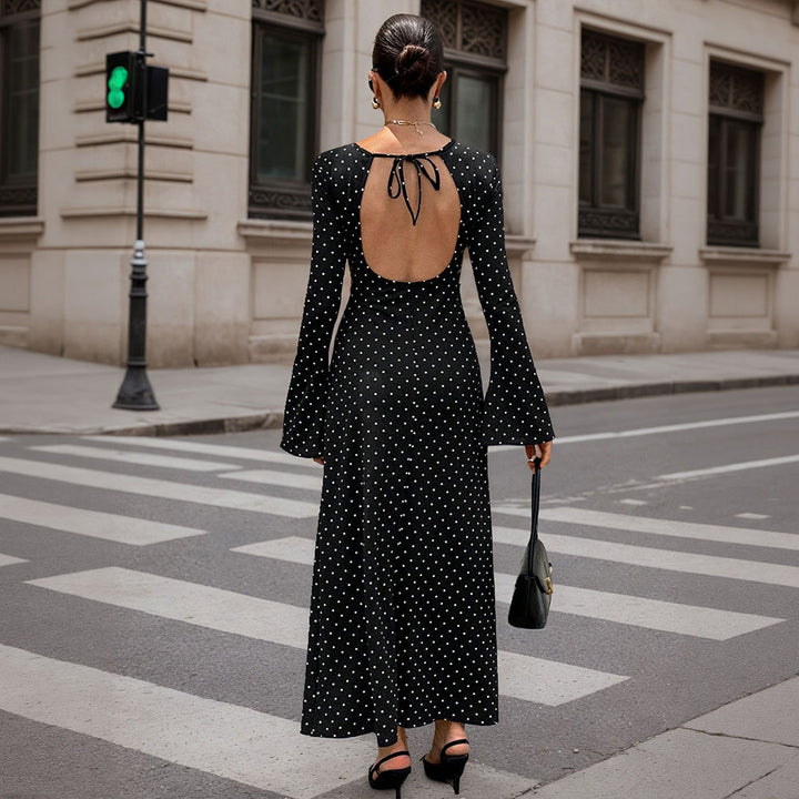 Damen elegantes Polka‑Dot Maxikleid mit tailliertem Oberteil, Trompetenärmeln und fließendem A‑Linien‑Rock – Valéora