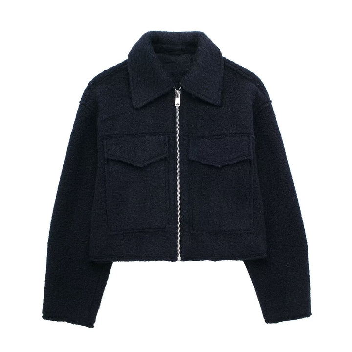 Damen Kurz geschnittene Teddyjacke mit Reißverschluss, Kragen und aufgesetzten Klappentaschen Echo Archiv