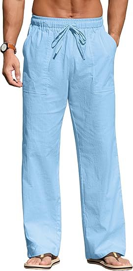 Herren nan leichte Leinenhose mit elastischem Bund, Kordelzug und aufgesetzten Taschen Echo Archiv