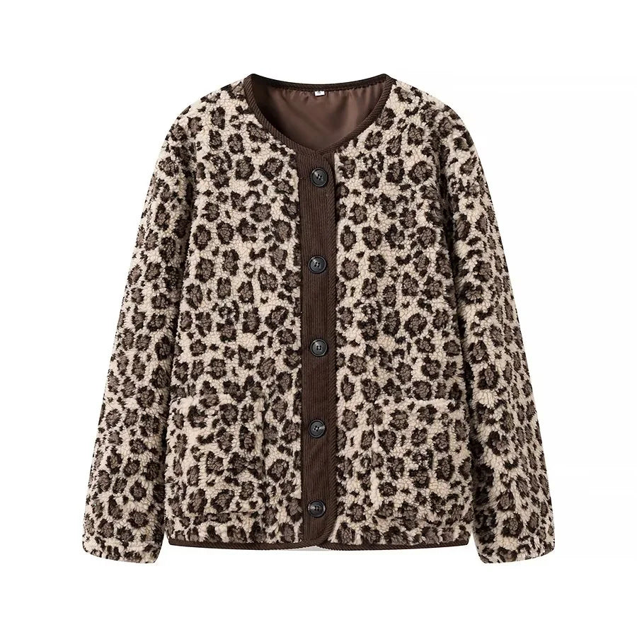 Damen Teddyjacke mit Leopardenmuster Knopfverschluss und Kordbesatz – Célinea