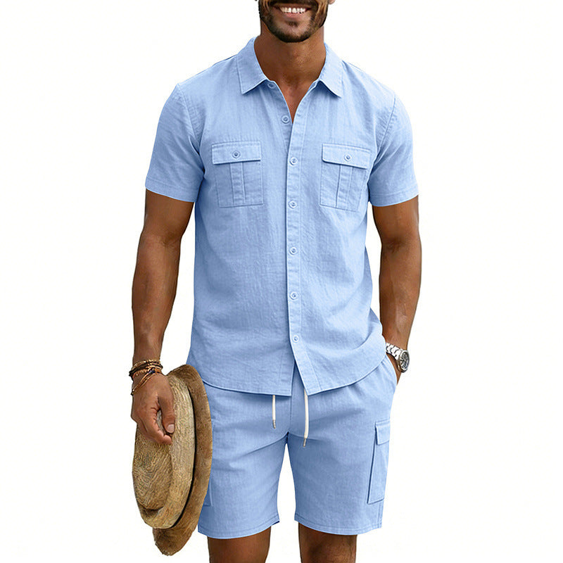 Herren nan sommerliches Freizeitset aus Baumwoll-Leinenmix mit Kurzarm-Hemd und Cargo-Shorts Echo Archiv