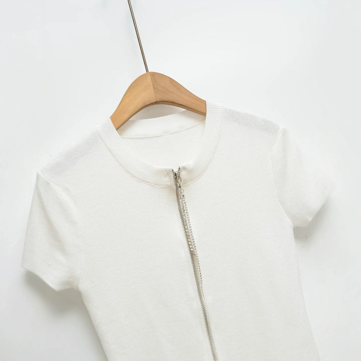 Damen Kurzärmeliges Feinstrick-Top mit durchgehendem Reißverschluss Echo Archiv