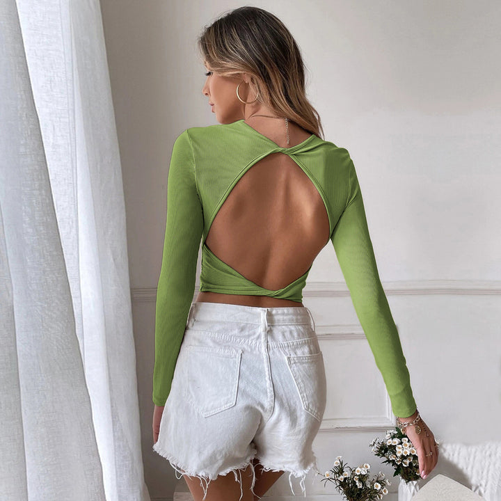 Damen eng anliegendes geripptes Cropped-Longsleeve mit Rundhals – Avérine