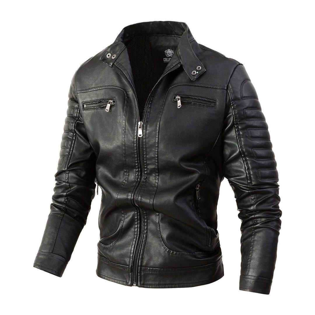 Herren Bikerjacke aus Kunstleder mit gesteppter Ärmelpolsterung, Stehkragen und Multi-Taschen Echoarchiv