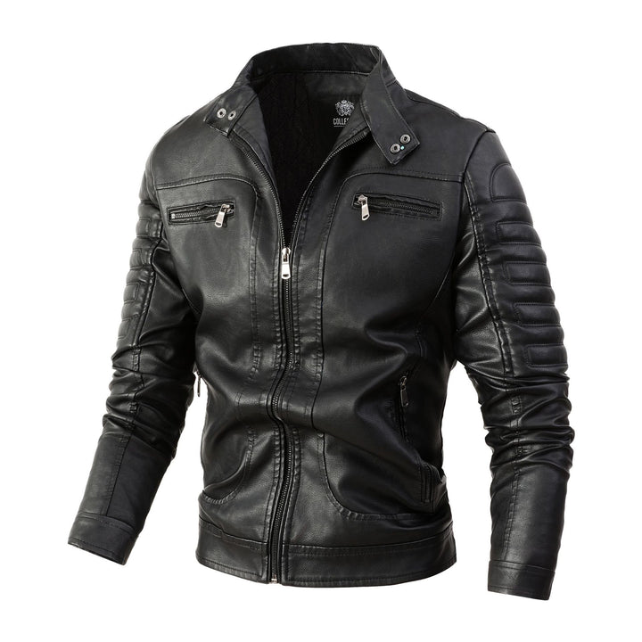 Herren Bikerjacke aus Kunstleder mit gesteppter Ärmelpolsterung, Stehkragen und Multi-Taschen Echoarchiv