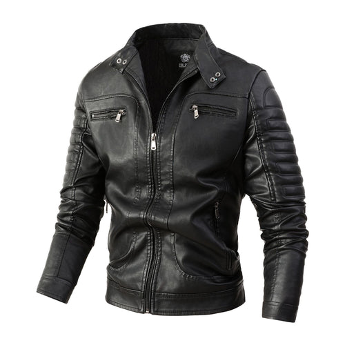 Herren Bikerjacke aus Kunstleder mit gesteppter Ärmelpolsterung, Stehkragen und Multi-Taschen Echoarchiv
