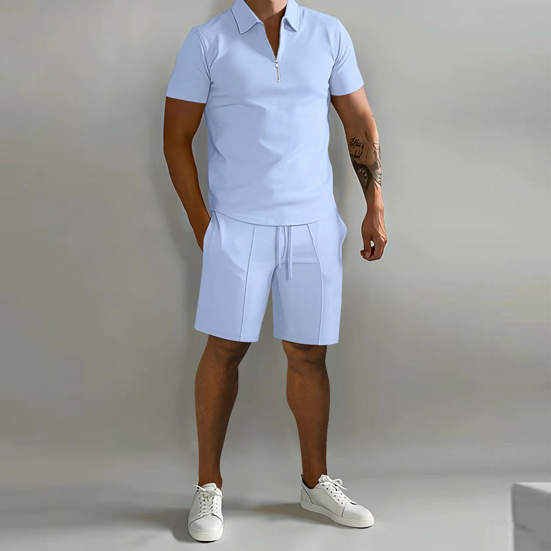 Herren sportliches Kurzarm-Poloshirt mit Reißverschluss und passenden Shorts Echoarchiv