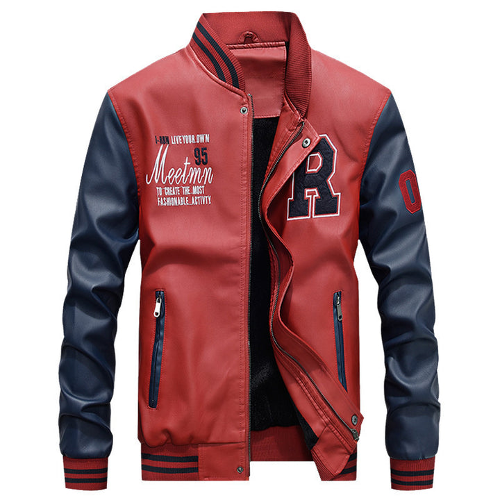 Herren Varsity-Bomberjacke im College‑Stil aus Kunstleder mit kontrastierenden Ärmeln und Stickpatches Echo Archiv