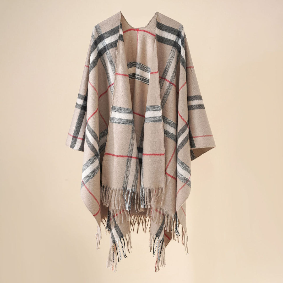 Damen Weit geschnittener Karierter Poncho mit Fransen und V‑Ausschnitt – Avérine