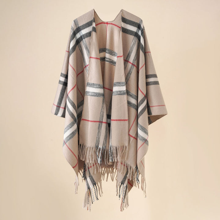 Damen Weit geschnittener Karierter Poncho mit Fransen und V‑Ausschnitt – Avérine