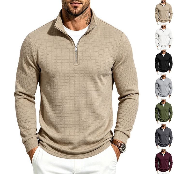 Herren Slim-Fit Pullover mit halbem Reißverschluss und geprägter Quadratstruktur Echoarchiv
