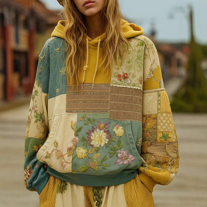 Damen Bestickter Patchwork-Kapuzenpullover mit Blumenapplikation und Kängurutasche – Auréline
