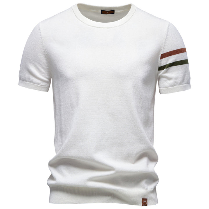 Herren nan feines Baumwollstrickshirt mit Rundhalsausschnitt kurzärmelig und kontrastierenden Ärmelstreifen Echo Archiv