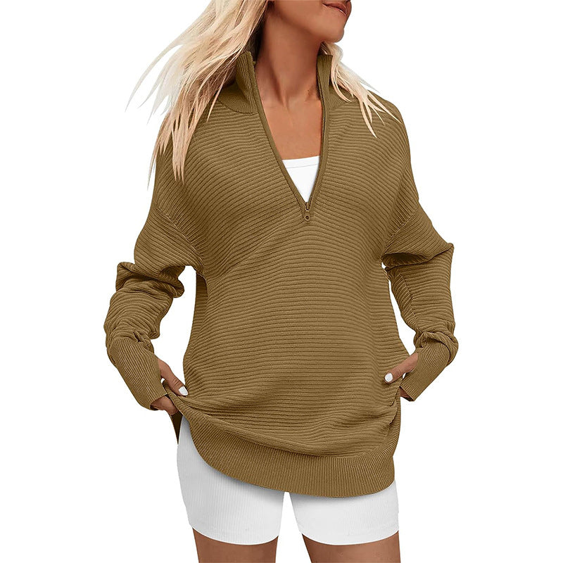 Damen Oversize-Feinstrickpullover mit halbem Reißverschluss, Stehkrragen und Daumenloch-Ärmeln Echo Archiv