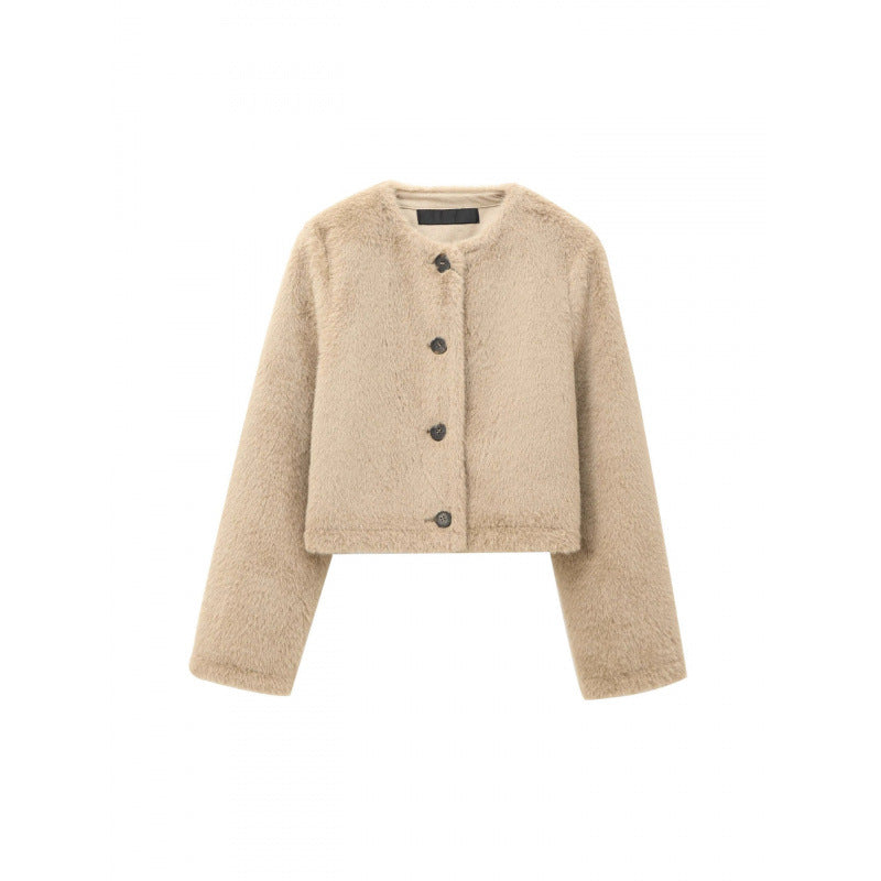 Damen Cropped Teddy‑Jacke mit geradem Saum, Rundhals und Hornknopfverschluss Echo Archiv