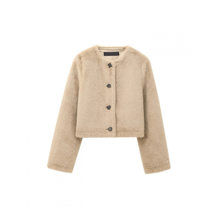 Damen Cropped Teddy‑Jacke mit geradem Saum, Rundhals und Hornknopfverschluss Echo Archiv