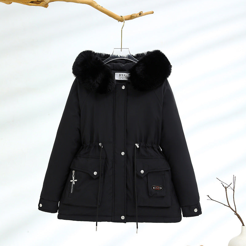 Damen kurzer Thermo-Parka mit voluminösem Schalkragen in Webpelzoptik und taillierendem Tunnelzug – Montévia