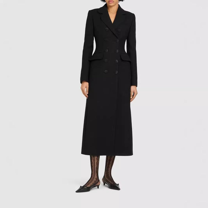 Damen Doppelreihiges tailliertes Blazerkleid mit Maxi‑Länge und Pattentaschen Echoarchiv