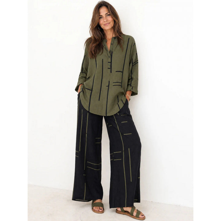 Damen Oversize-Tunika und weite Palazzohose mit grafischem Streifenprint und Henley-Kragen – Élanora