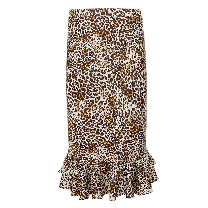Damen Taillierter Midirock mit Leoparden-Print und doppeltem Volantsaum – Rosévia