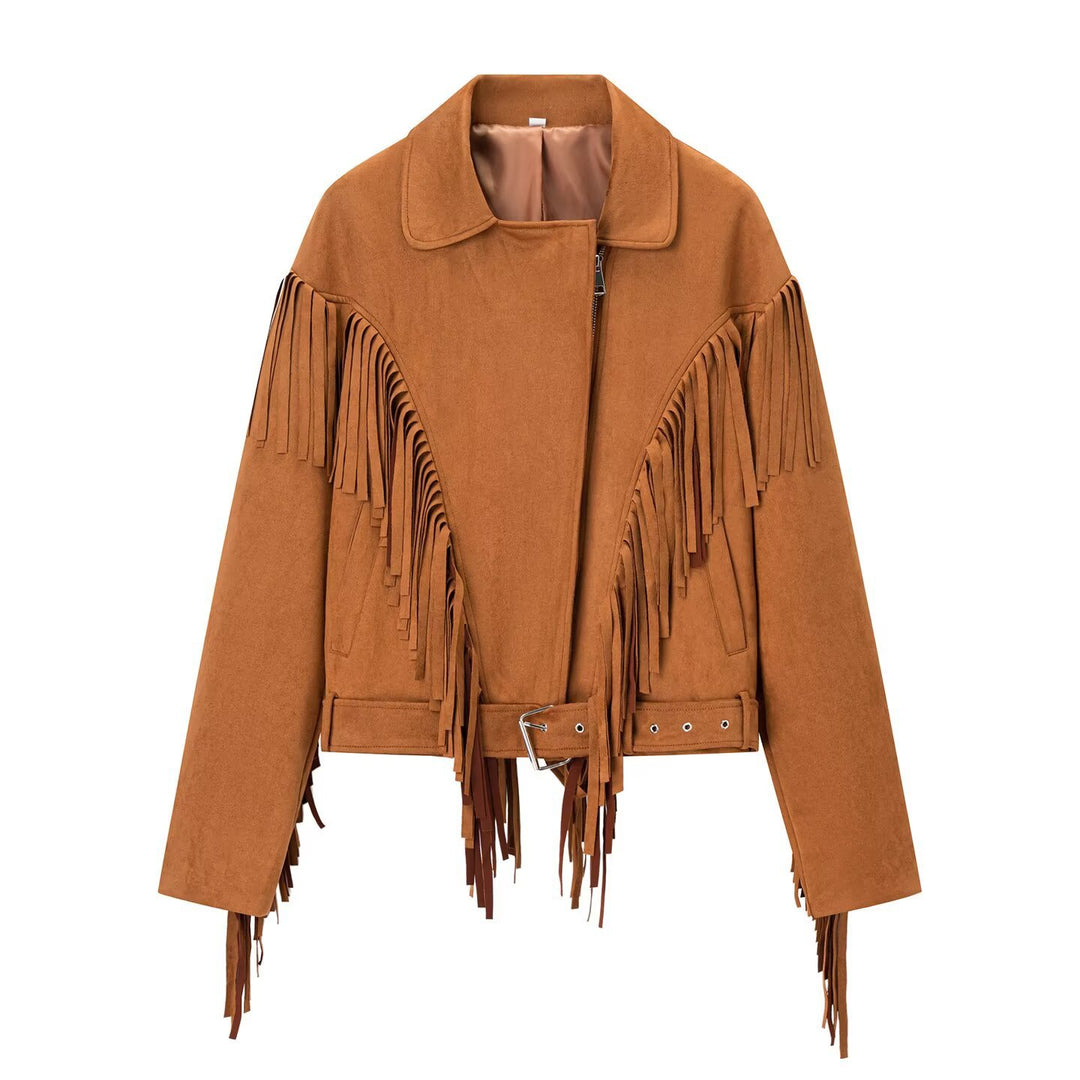 Damen Kurze Fransenjacke im Wildlederlook mit Taillengürtel Echoarchiv