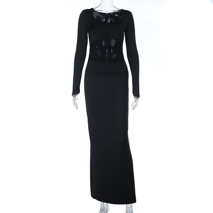 Damen Figurbetontes Maxikleid mit transparenten Mesh-Einsätzen und tailliertem Stretchrock – Avérine