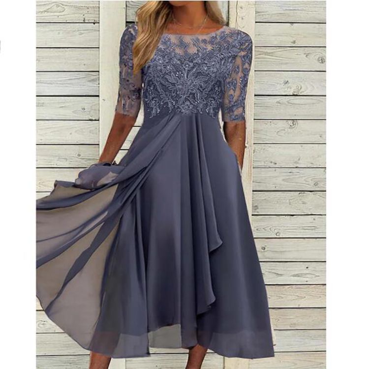 Damen elegantes Chiffon-Spitzenkleid mit Vokuhila-Überwurf und dreiviertelärmeln – Élara