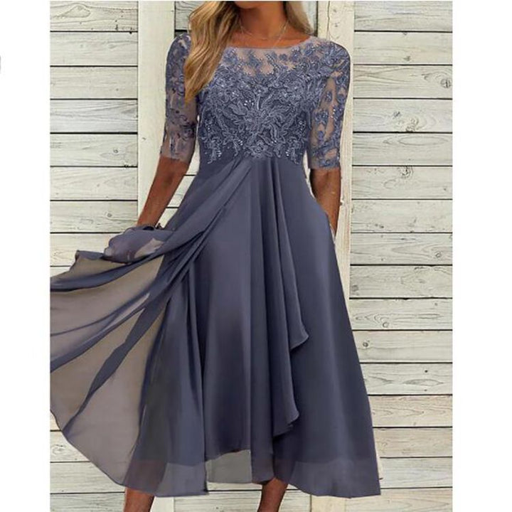 Damen elegantes Chiffon-Spitzenkleid mit Vokuhila-Überwurf und dreiviertelärmeln – Élara