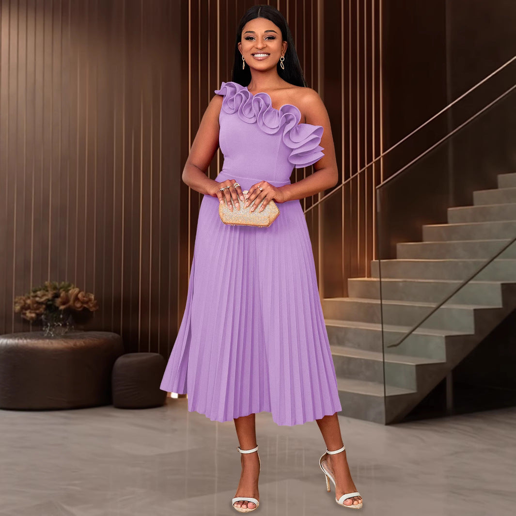 Damen Elegantes Midi-Kleid mit asymmetrischem Rüschen-Ausschnitt Echo Archiv