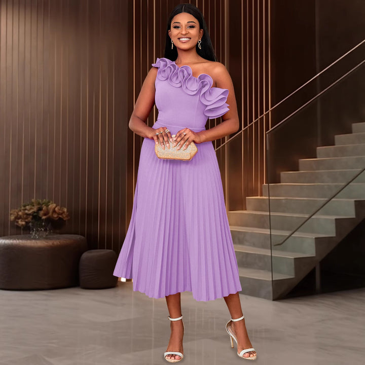 Damen Elegantes Midi-Kleid mit asymmetrischem Rüschen-Ausschnitt Echo Archiv