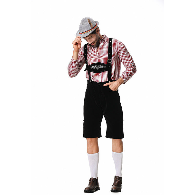 Herren nan kurze Trachtenlederhose in Veloursleder-Optik mit besticktem Brustlatz und verstellbaren Trägern Echo Archiv