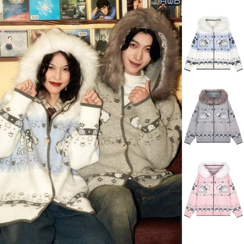 Damen Gemütliche Strickjacke mit Tiermuster und Pelzkragen Echoarchiv