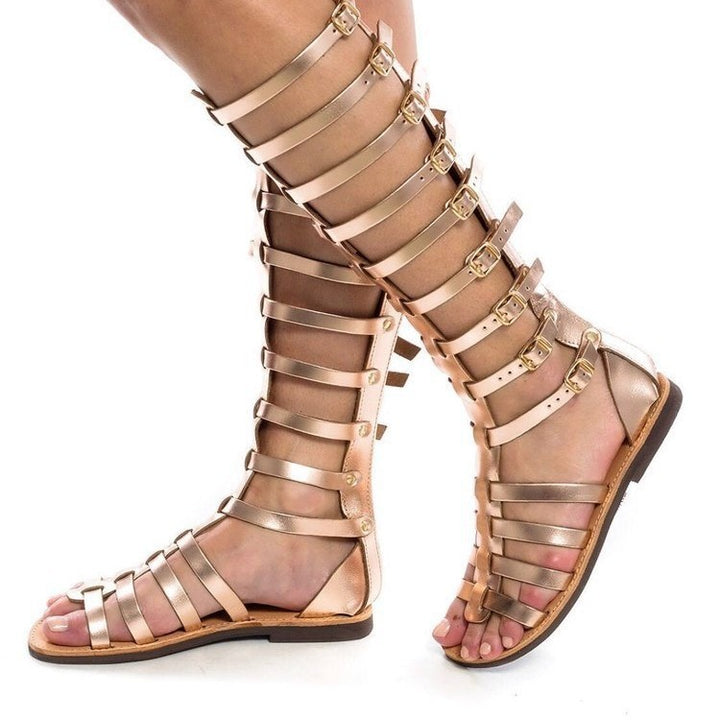 Damen kniehohe Gladiatorensandalen mit verstellbaren Riemen und flacher Lederlaufsohle Echo Archiv