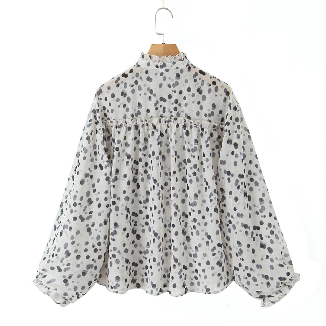 Damen Chiffonbluse mit Volant-Stehkragen, Bindeband, Knopfleiste und ballonförmigen Ärmeln – Élovi