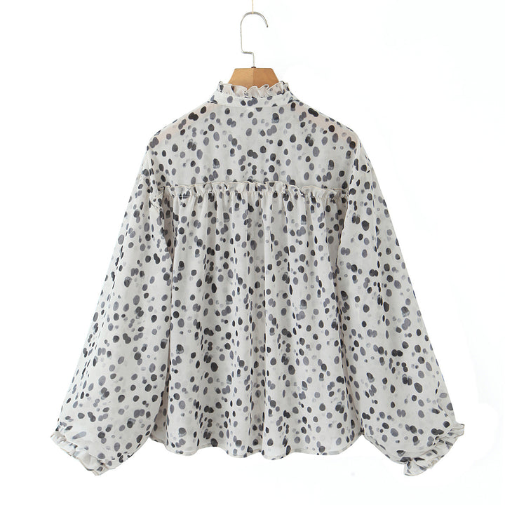 Damen Chiffonbluse mit Volant-Stehkragen, Bindeband, Knopfleiste und ballonförmigen Ärmeln – Élovi