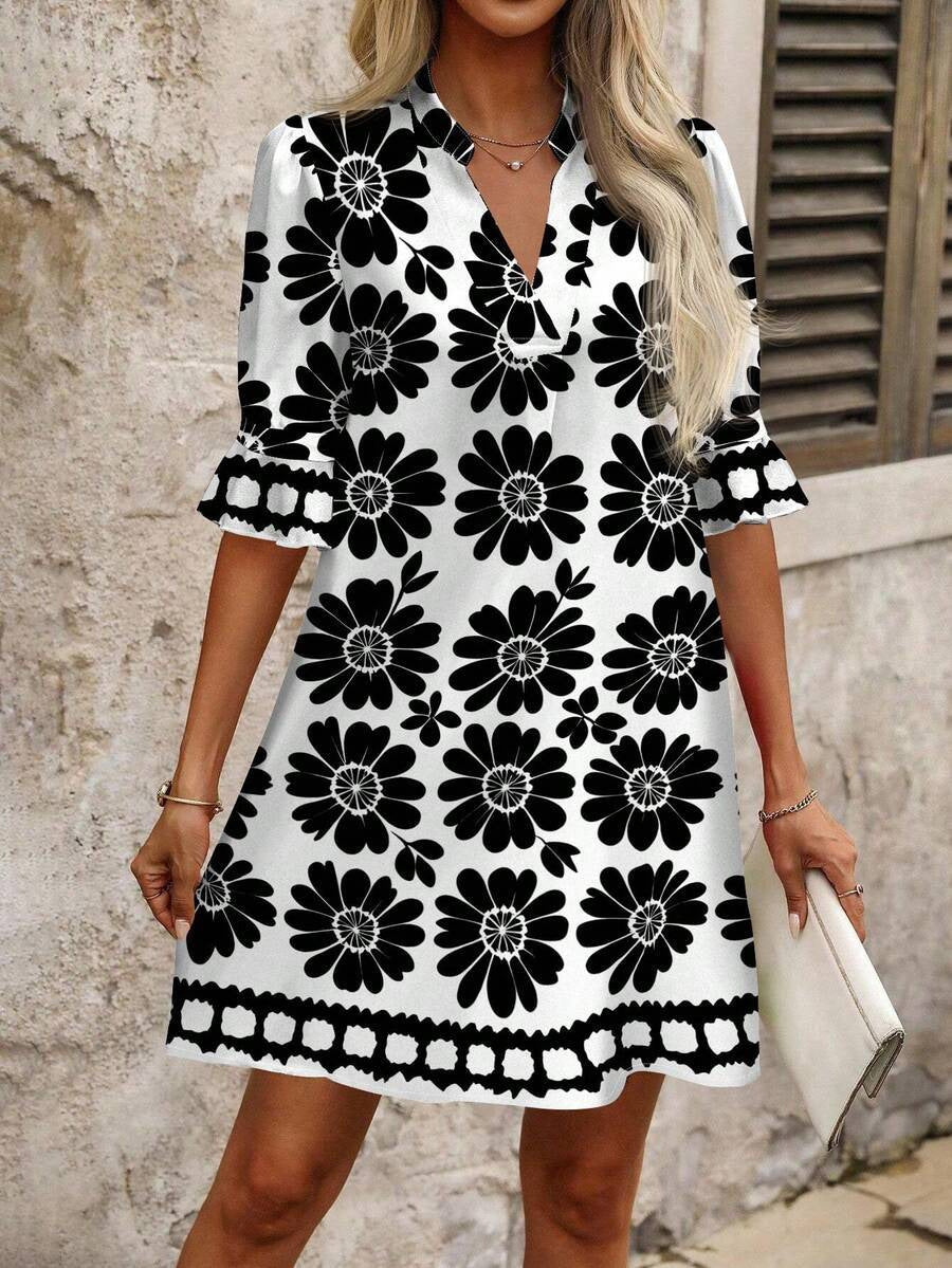 Damen Leichtes Sommer Tunika Kleid mit V Ausschnitt und Volantärmeln Echoarchiv