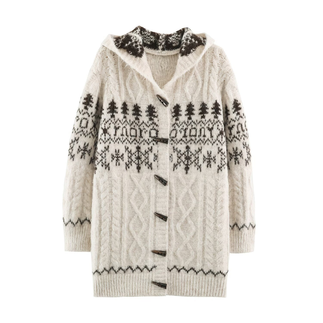 Damen Grobgestrickte Kapuzen‑Strickjacke mit Hornknöpfen und Norwegermuster Echoarchiv