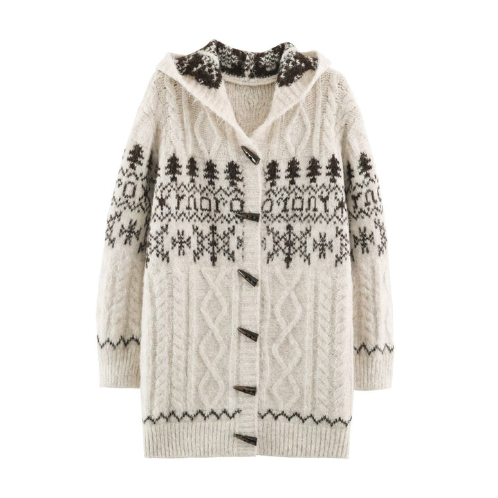 Damen Grobgestrickte Kapuzen‑Strickjacke mit Hornknöpfen und Norwegermuster Echoarchiv