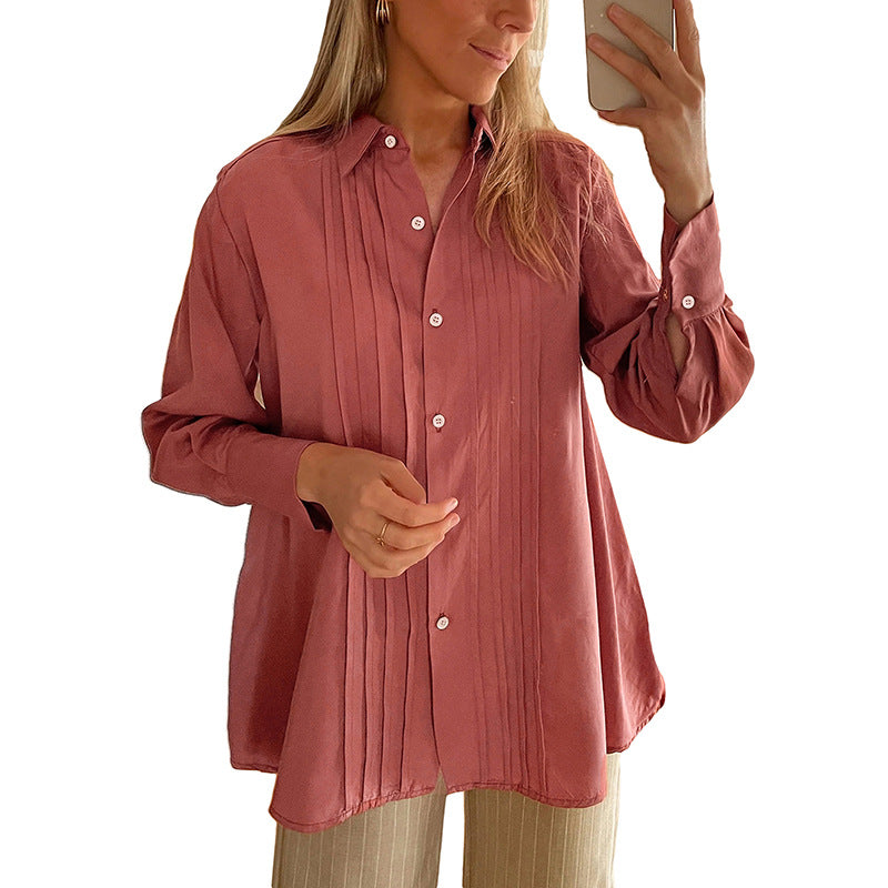 Damen Plissierte Tunika-Bluse mit Hemdkragen und lockerer A-Linien-Silhouette Echoarchiv
