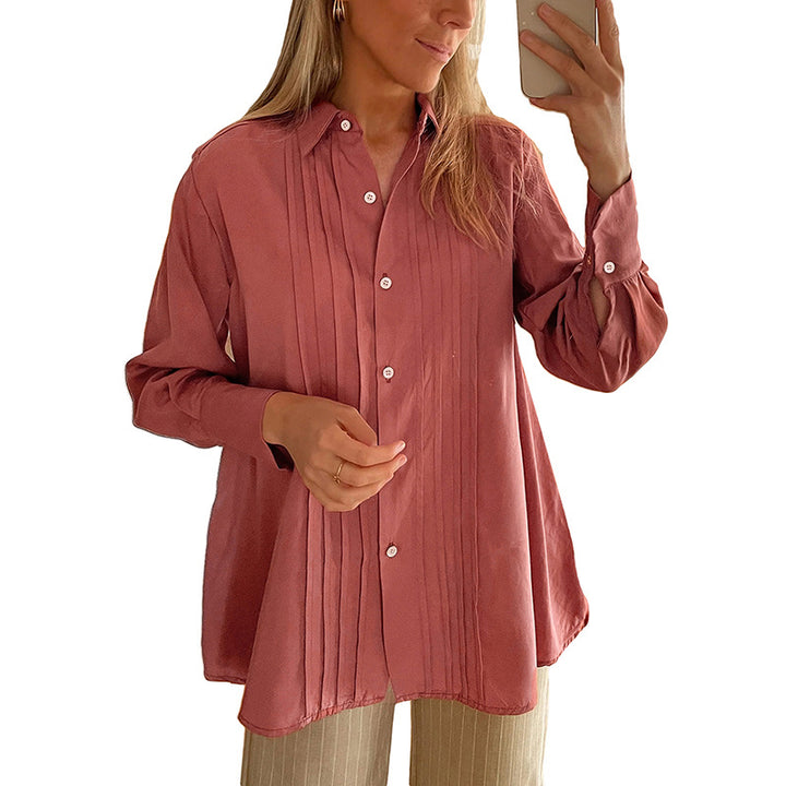 Damen Plissierte Tunika-Bluse mit Hemdkragen und lockerer A-Linien-Silhouette Echoarchiv