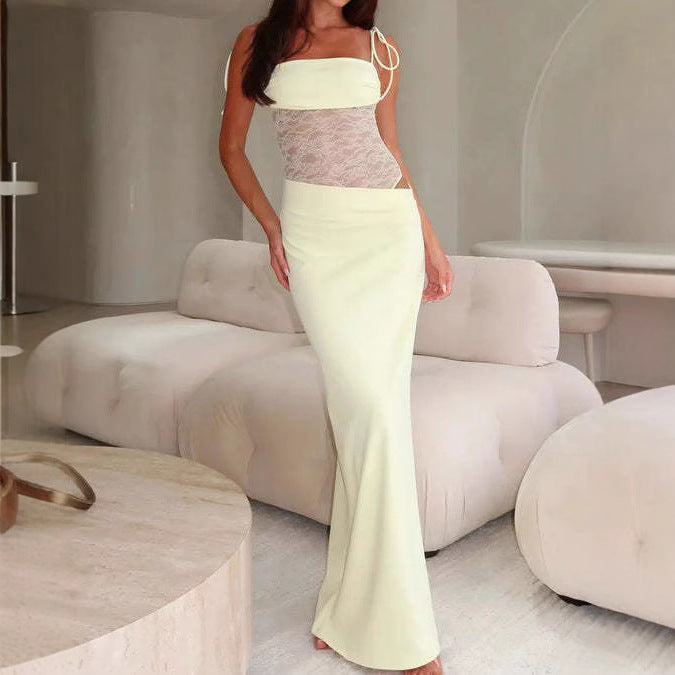 Damen nan elegantes Maxikleid mit transparentem Spitzenmieder Bandeau-Oberteil und Bindeträgern Echo Archiv