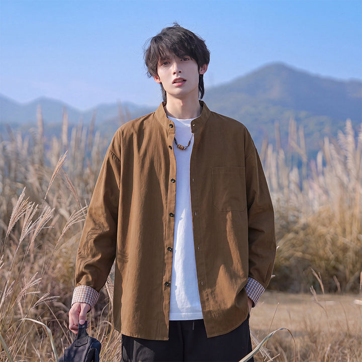 Herren Oversize-Hemd aus leichtem Baumwollmix mit Mandarinkragen und Brusttasche – Arvello