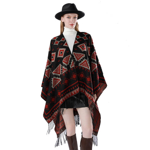 Damen Zweilagiger Kapuzen-Überwurf mit asymmetrischem Fransensaum und geometrischem Jacquard – Montévia