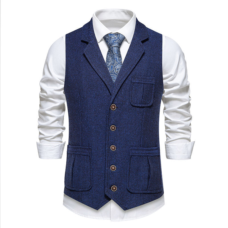 Herren Tweed‑Weste mit Fischgrätmuster, Reverskragen und aufgesetzten Taschen Echo Archiv