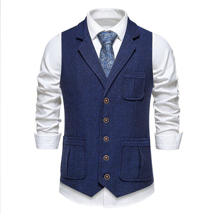 Herren Tweed‑Weste mit Fischgrätmuster, Reverskragen und aufgesetzten Taschen Echo Archiv