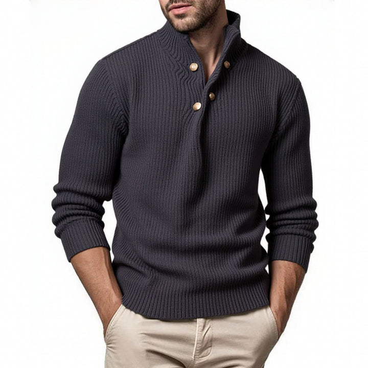 Herren modischer Strickpullover mit Stehkragen und asymmetrischer Knopfleiste Echoarchiv