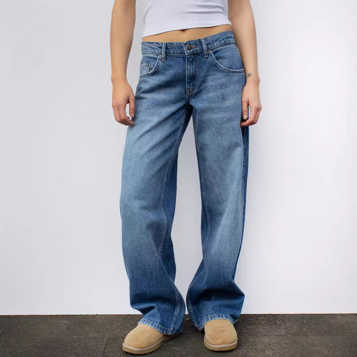 Damen nan weites Denim Hosenmodell mit tiefem Bund und weitem Schlag Echo Archiv